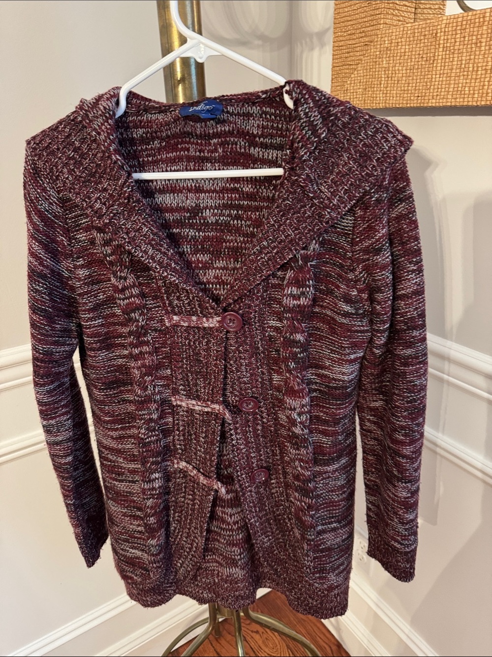Cozy Hooded Marled Wine Knit Cardigan